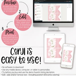 May include: A pink and gold printable banner with the text "Twinkle Twinkle Little Star" in a white font. The banner is designed for a baby shower or birthday party. The image shows a computer screen, a tablet, and a smartphone, all displaying the banner design. The text "Corjl is easy to use!" is written in a large, bold font below the images. The text below the banner explains how to use the design, including the ability to personalize it, save it, and print it at home or using a print service.