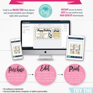May include: A digital illustration demonstrating how to use an online tool to personalise printable designs. The image shows a computer screen, a tablet, and a smartphone, each displaying a different stage of the process: purchase, edit, and print. The text "Corjl" is featured in a pink circle with a gear icon. The text "Try the Free Demo" is displayed in a pink rectangle.