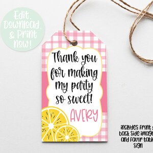 May include: Pink and white gingham favor tag with a yellow lemon design. The tag says "Thank you for making my party so sweet! Avery".