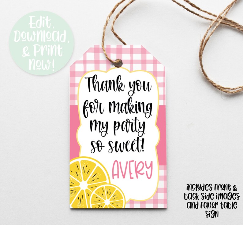 May include: Pink and white gingham favor tag with a yellow lemon design. The tag says "Thank you for making my party so sweet! Avery".