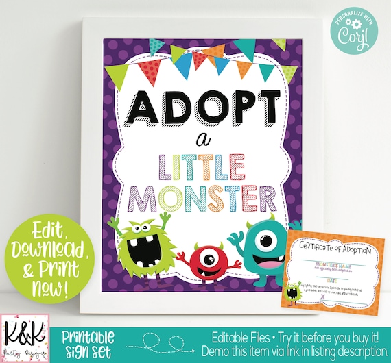 Little Monster Adopt A Monster Sign Little Monster Birthday Party