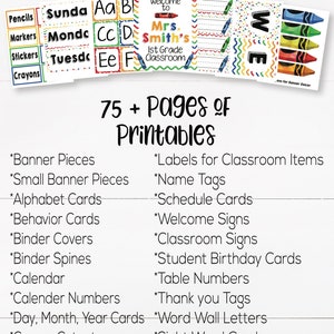 May include: A printable classroom package with over 75 pages of classroom decor. The package includes items such as alphabet cards, behavior cards, binder covers, calendar numbers, and more. The image features a colorful crayon theme.