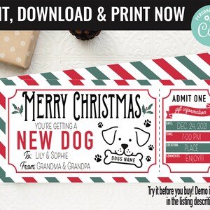 Christmas Surprise New Puppy Dog Gift Voucher, New Puppy Dog Gift Printable Template Gift Card, Editable Instant Download Gift Certificate
