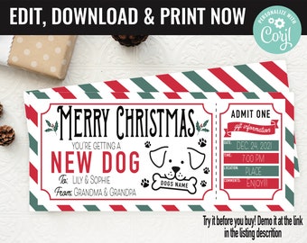 May include: A printable Christmas gift certificate for a new dog. The certificate is red, green, and white with a striped pattern. It says "Merry Christmas, You're getting a new dog" and has a cartoon dog with a bone in its mouth. The certificate is editable and can be personalized with the recipient's name, the date, and the time.