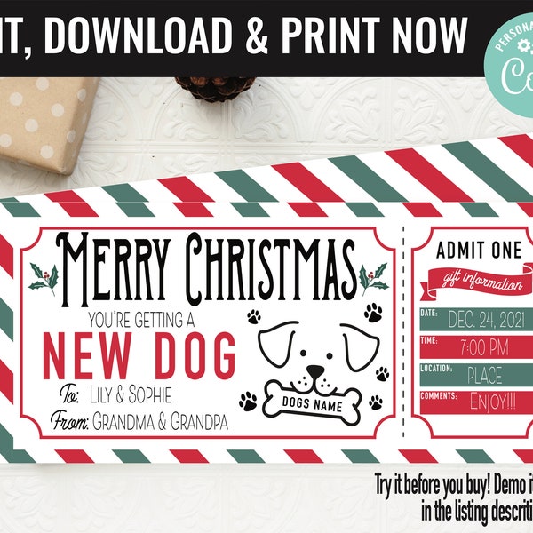 Christmas Surprise New Puppy Dog Gift Voucher, New Puppy Dog Gift Printable Template Gift Card, Editable Instant Download Gift Certificate