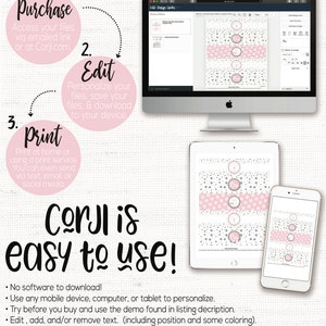 Peut inclure: Un mod&egrave;le imprimable rose et gris pour une faveur de f&ecirc;te ou une &eacute;tiquette cadeau. Le motif pr&eacute;sente un motif de pois et le texte "Corjl est facile &agrave; utiliser !" L'image montre un &eacute;cran d'ordinateur, une tablette et un smartphone, tous affichant le motif.