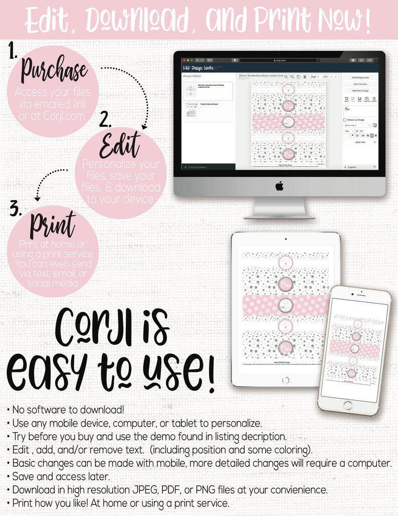 Peut inclure: Un mod&egrave;le imprimable rose et gris pour une faveur de f&ecirc;te ou une &eacute;tiquette cadeau. Le motif pr&eacute;sente un motif de pois et le texte "Corjl est facile &agrave; utiliser !" L'image montre un &eacute;cran d'ordinateur, une tablette et un smartphone, tous affichant le motif.