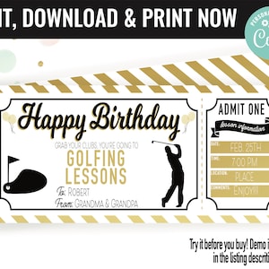 Birthday Surprise Golfing Lessons Gift Voucher, Golf Lessons Printable Template Gift Card, Editable Instant Download Gift Certificate