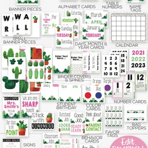 May include: A classroom decor set with a cactus theme. The set includes alphabet cards, number cards, table numbers, name tags, a calendar, binder covers, classroom signs, classroom jobs, behavior cards, and more. The set is designed to be printed and used in a classroom.