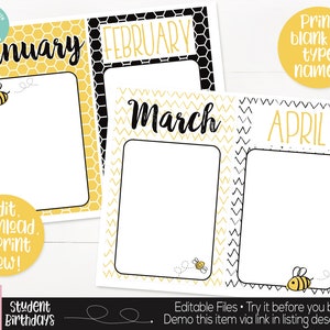 Bee Classroom Birthday Display Printable, Bee Theme, Teacher Supply, Printable Classroom Teacher Decoration and Supplies, Birthday Board