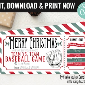 Christmas Baseball Ticket Surprise Gift Voucher, Baseballl Game Surprise Printable Gift Card Editable Instant Download Certificate