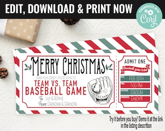 Pode incluir: Um bilhete de beisebol de Natal imprimível. O bilhete é vermelho e verde com listras brancas. Diz "Feliz Natal" e "Jogo de beisebol Equipe contra Equipe". O bilhete é para Lily & Sophie da parte da Avó & Avô. A data é 25 de fevereiro e a hora é 19:00. O local é Estádio. O bilhete diz "Aproveite!!!"