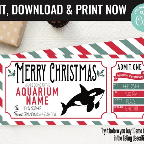 Aquarium Gift Voucher Ticket Printable Christmas Template Etsy