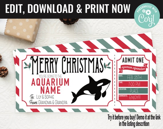 Aquarium Ticket Surprise Gift Voucher, Aquarium Surprise Trip Printable Template Gift Card, Editable Instant Download Gift, Christmas Gift Il_570xn
