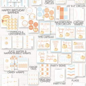 May include: A printable set of pumpkin party decorations for a first birthday. The set includes over 70 pages of PDF decorations, including banners, cupcake wrappers, treat bag toppers, party signs, and more. The decorations feature a watercolor pumpkin design in orange, yellow, and white.
