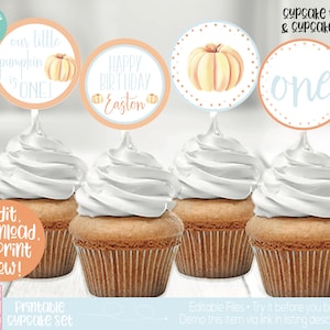 May include: Printable cupcake toppers and wrappers with a fall theme. The toppers feature a pumpkin, the words "Happy Birthday Easton", and the number "one". The wrappers are orange and blue with white polka dots.