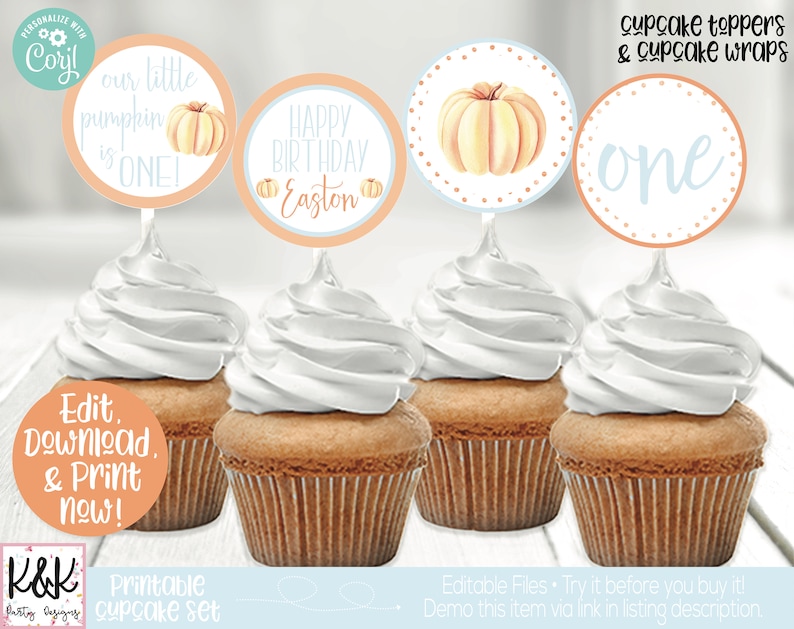 May include: Printable cupcake toppers and wrappers with a fall theme. The toppers feature a pumpkin, the words "Happy Birthday Easton", and the number "one". The wrappers are orange and blue with white polka dots.