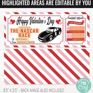 Op de afbeelding: Een printbaar Valentijnsdag-ticket met een rood-witte gestreepte achtergrond. Het ticket zegt "Happy Valentine's Day" en "You're going to The NASCAR Race". Het ticket is gepersonaliseerd met de namen "Lily & Sophie" en "Oma & Opa".