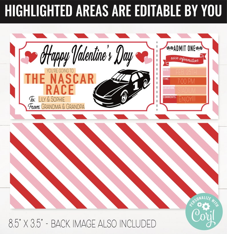 Op de afbeelding: Een printbaar Valentijnsdag-ticket met een rood-witte gestreepte achtergrond. Het ticket zegt "Happy Valentine's Day" en "You're going to The NASCAR Race". Het ticket is gepersonaliseerd met de namen "Lily & Sophie" en "Oma & Opa".