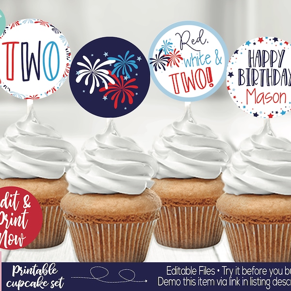 Red White and Two Cupcake Toppers, 4th of July Party Decorations, Summer Birthday, Red White Blue, 2nd Birthday, Second Birthday, Printable