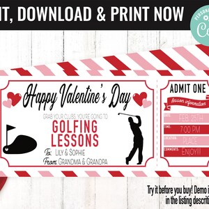 Valentine&#39;s Day Surprise Golfing Lessons Gift Voucher, Golf Lessons Printable Template Gift Card, Editable Instant Download Gift Certificate