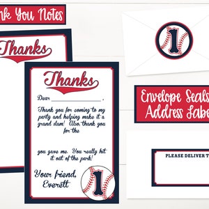 May include: Two red and blue baseball-themed thank you cards with the text "Thanks" in a red and white baseball font. The cards have a white background and a black border. The cards include a baseball with the number "1" on it. The cards are for a baseball-themed party.