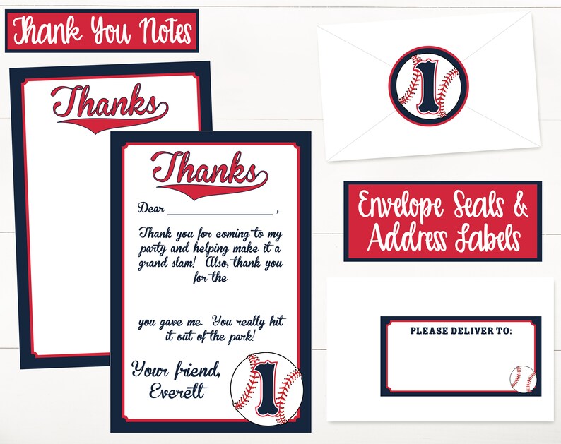 May include: Two red and blue baseball-themed thank you cards with the text "Thanks" in a red and white baseball font. The cards have a white background and a black border. The cards include a baseball with the number "1" on it. The cards are for a baseball-themed party.