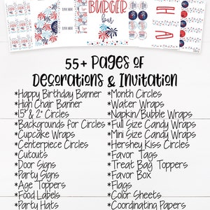 Puede incluir: Un paquete de fiesta del 4 de julio imprimible con m&aacute;s de 55 p&aacute;ginas de decoraciones e invitaciones. El paquete incluye una variedad de art&iacute;culos como pancartas, c&iacute;rculos, envoltorios para cupcakes, adornos para bolsas de golosinas y mucho m&aacute;s. El dise&ntilde;o presenta colores rojo, blanco y azul con un tema patri&oacute;tico.