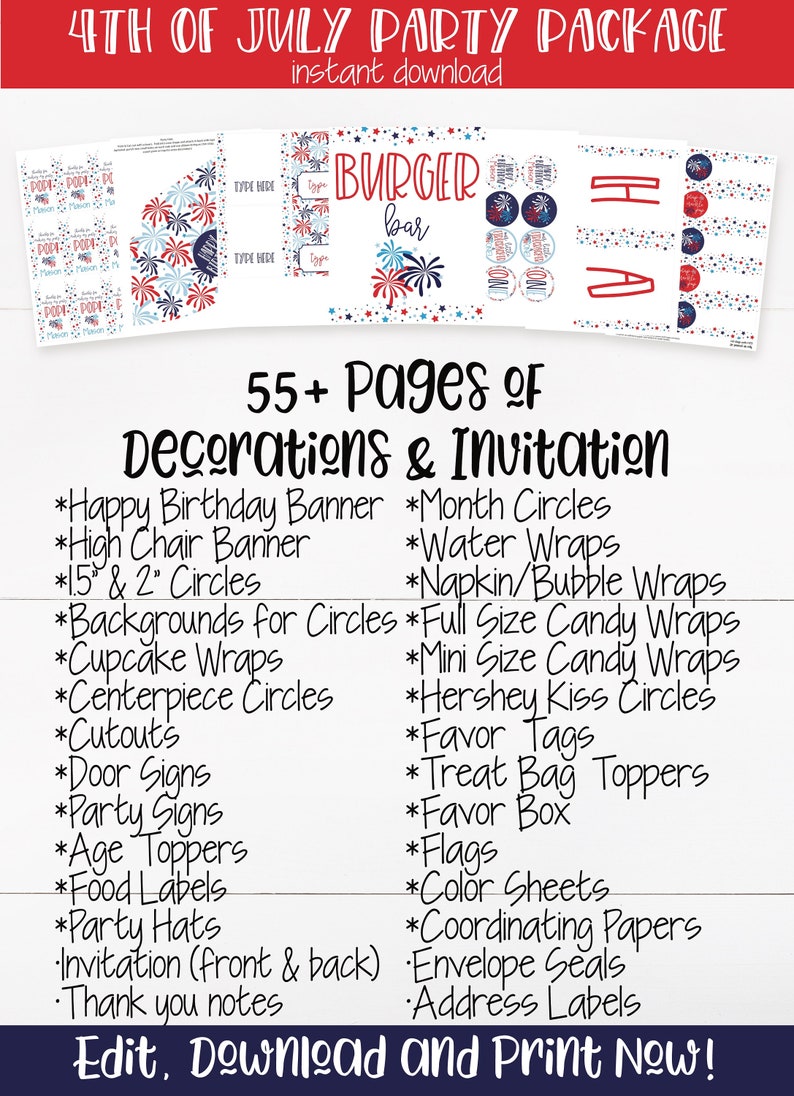 Puede incluir: Un paquete de fiesta del 4 de julio imprimible con m&aacute;s de 55 p&aacute;ginas de decoraciones e invitaciones. El paquete incluye una variedad de art&iacute;culos como pancartas, c&iacute;rculos, envoltorios para cupcakes, adornos para bolsas de golosinas y mucho m&aacute;s. El dise&ntilde;o presenta colores rojo, blanco y azul con un tema patri&oacute;tico.