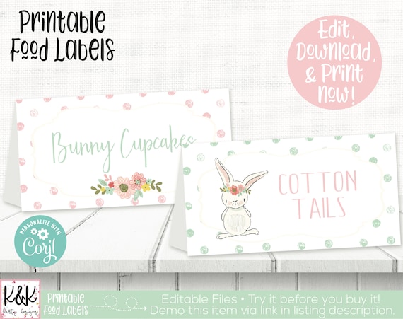 Bunny Party Food Labels, Easter Bunny Place Cards, Bunny Birthday Party Decorations, Some Bunny is One, Bunny Rabbit Buffet Cards, Editable Il_570xn