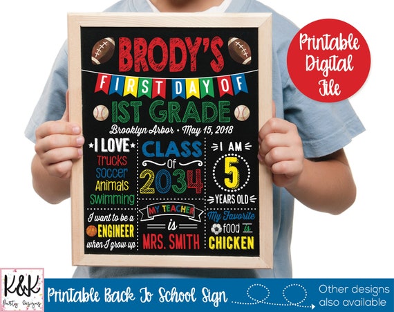 First Day of School Sign, Back to School Sign, 1st Day of School Sign, Printable School Sign, School Chalkboard Sign, Sports, Boys First Il_570xn