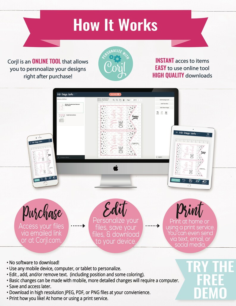 May include: A pink and white graphic design template for a first birthday party. The template features a banner with the words "One" and "Happy Birthday". The template is available for instant download and can be personalized using the Corjl online tool.