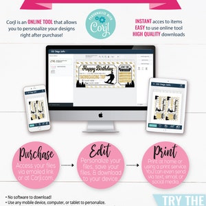 May include: A digital illustration of a snowboarder on a mountain with the text "Happy Birthday Snowboarding Trip" and "Name Here" on a gold and black ticket-style design. The image shows how to personalize and print digital designs using the Corjl online tool.