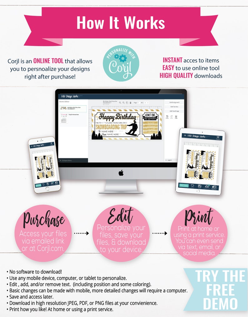 May include: A digital illustration of a snowboarder on a mountain with the text "Happy Birthday Snowboarding Trip" and "Name Here" on a gold and black ticket-style design. The image shows how to personalize and print digital designs using the Corjl online tool.