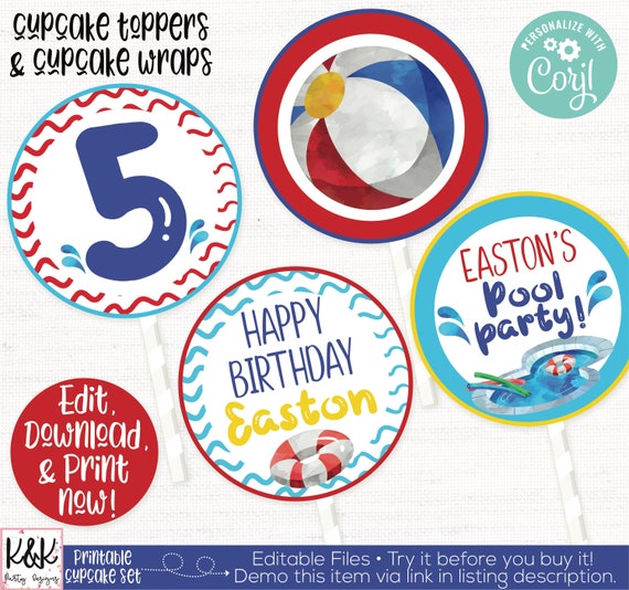 Pool Party Cupcake Toppers, Pool Party Decorations, Swimming Party Decorations, Beach Ball, Il_570xn