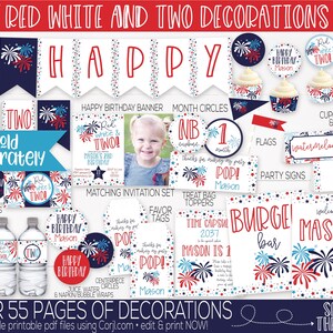 May include: Red, white, and blue printable party decorations for a birthday party. The decorations feature fireworks, stars, and the words "Happy Birthday Mason". There are over 55 pages of decorations, including cupcake wrappers, food labels, party signs, and more.