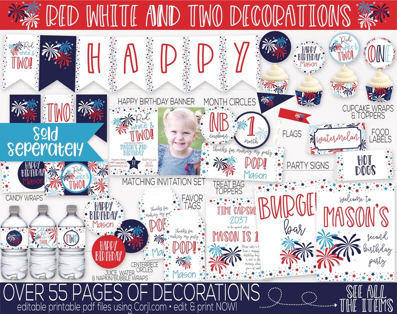 May include: Red, white, and blue printable party decorations for a birthday party. The decorations feature fireworks, stars, and the words "Happy Birthday Mason". There are over 55 pages of decorations, including cupcake wrappers, food labels, party signs, and more.