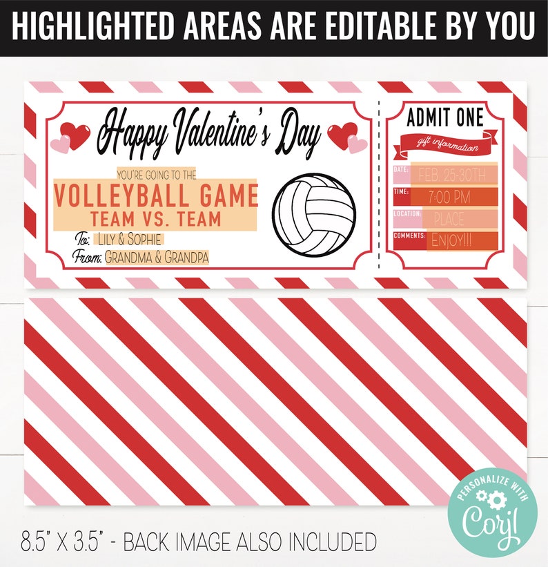 Valentine's Surprise Volleyball Game Gift Voucher, Volleyball Game Ticket Printable Template Gift Card Editable Instant Download Certificate image 2