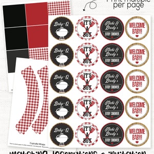 May include: Printable cupcake wrappers with a red and white gingham pattern. The wrappers feature a variety of designs, including a grill, a spatula, and the text "It's a Boy". There are also designs with the text "Baby-Q" and "Nicki & Brody's Baby Shower".