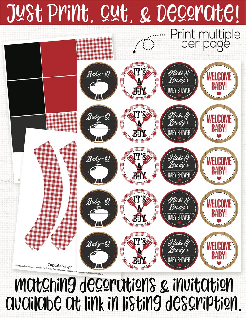 May include: Printable cupcake wrappers with a red and white gingham pattern. The wrappers feature a variety of designs, including a grill, a spatula, and the text "It's a Boy". There are also designs with the text "Baby-Q" and "Nicki & Brody's Baby Shower".