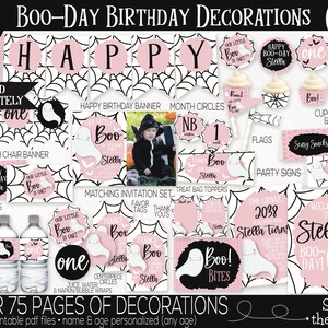 Puede incluir: Un conjunto de decoraciones de fiesta de Halloween imprimibles con un tema de fantasma y una combinaci&oacute;n de colores rosa y negro. Las decoraciones incluyen una pancarta, adornos para cupcakes, bolsas de golosinas, etiquetas para alimentos y mucho m&aacute;s. El texto "Boo-Day Birthday Decorations" est&aacute; en la parte superior de la imagen. El texto "Over 75 Pages of Decorations" est&aacute; en la parte inferior de la imagen.