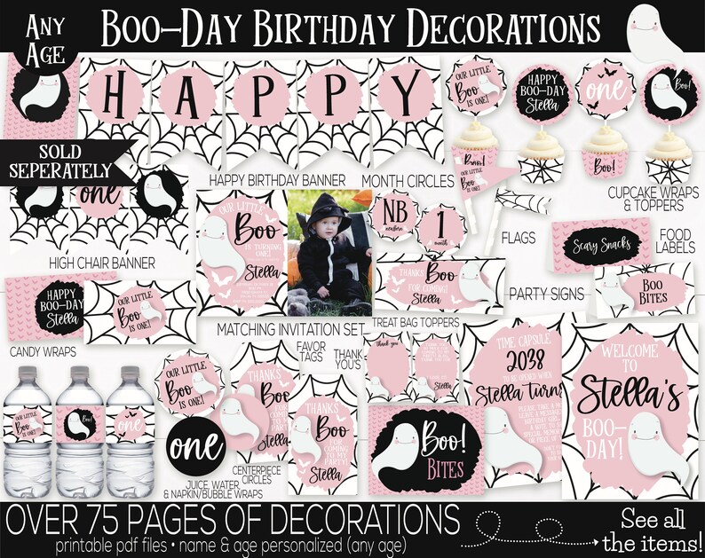 Puede incluir: Un conjunto de decoraciones de fiesta de Halloween imprimibles con un tema de fantasma y una combinaci&oacute;n de colores rosa y negro. Las decoraciones incluyen una pancarta, adornos para cupcakes, bolsas de golosinas, etiquetas para alimentos y mucho m&aacute;s. El texto "Boo-Day Birthday Decorations" est&aacute; en la parte superior de la imagen. El texto "Over 75 Pages of Decorations" est&aacute; en la parte inferior de la imagen.