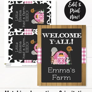 May include: Printable farm-themed welcome sign with a pink barn, a windmill, and a cow, pig, and horse. The sign says "Welcome Y'all!" and "Emma's Farm".