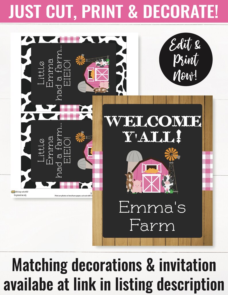 May include: Printable farm-themed welcome sign with a pink barn, a windmill, and a cow, pig, and horse. The sign says "Welcome Y'all!" and "Emma's Farm".