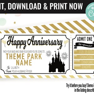Anniversary Surprise Theme Park Ticket Gift Voucher, Amusement Park Printable Template Gift Card, Editable Instant Download Certificate