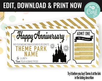 Anniversary Surprise Theme Park Ticket Gift Voucher, Amusement Park Printable Template Gift Card, Editable Instant Download Certificate