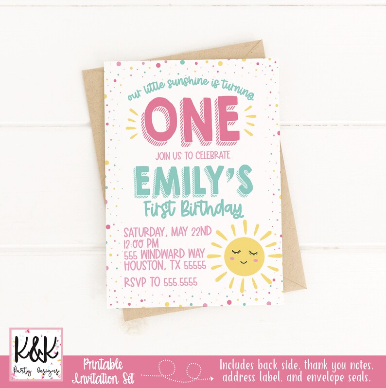 May include: Printable invitation set for a first birthday party. The invitation features a sun with a smiling face and the text "our little sunshine is turning ONE." The invitation also includes the name "Emily's" and the date "Saturday, May 22nd".