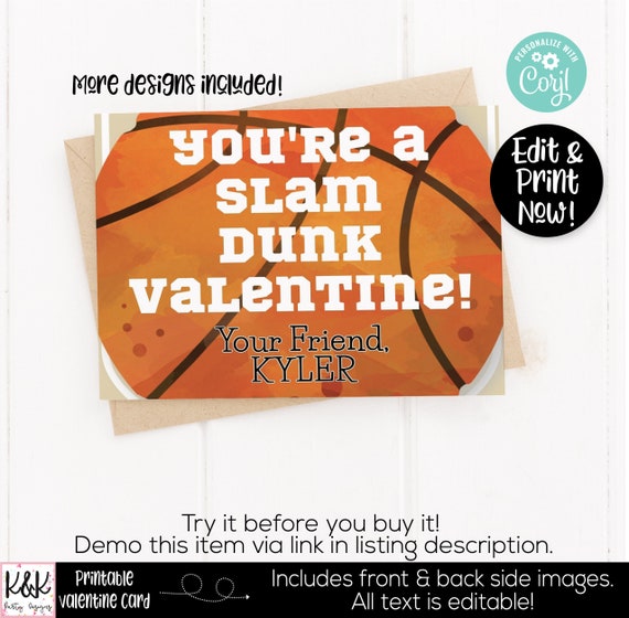 Sports Printable Valentine Card, Kids Valentines Day Card, School Valentine Exchange, Boys Class Valentine, Basketball Valentine, Preschool Il_570xn