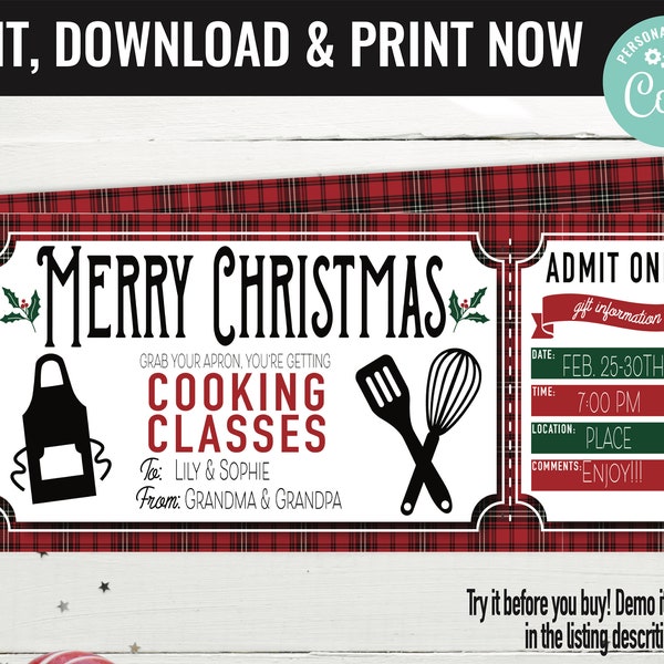 Christmas Surprise Cooking Lessons Gift Voucher, Cooking Lessons Printable Template Gift Card, Editable Instant Download Gift Certificate