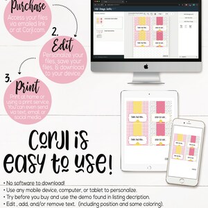 May include: A computer screen shows a website with a pink and yellow design. The website is called "Corjl" and it says "Corjl is easy to use!" The website is for creating and printing printable designs. The text on the screen says "Edit, Download, and Print Now!"